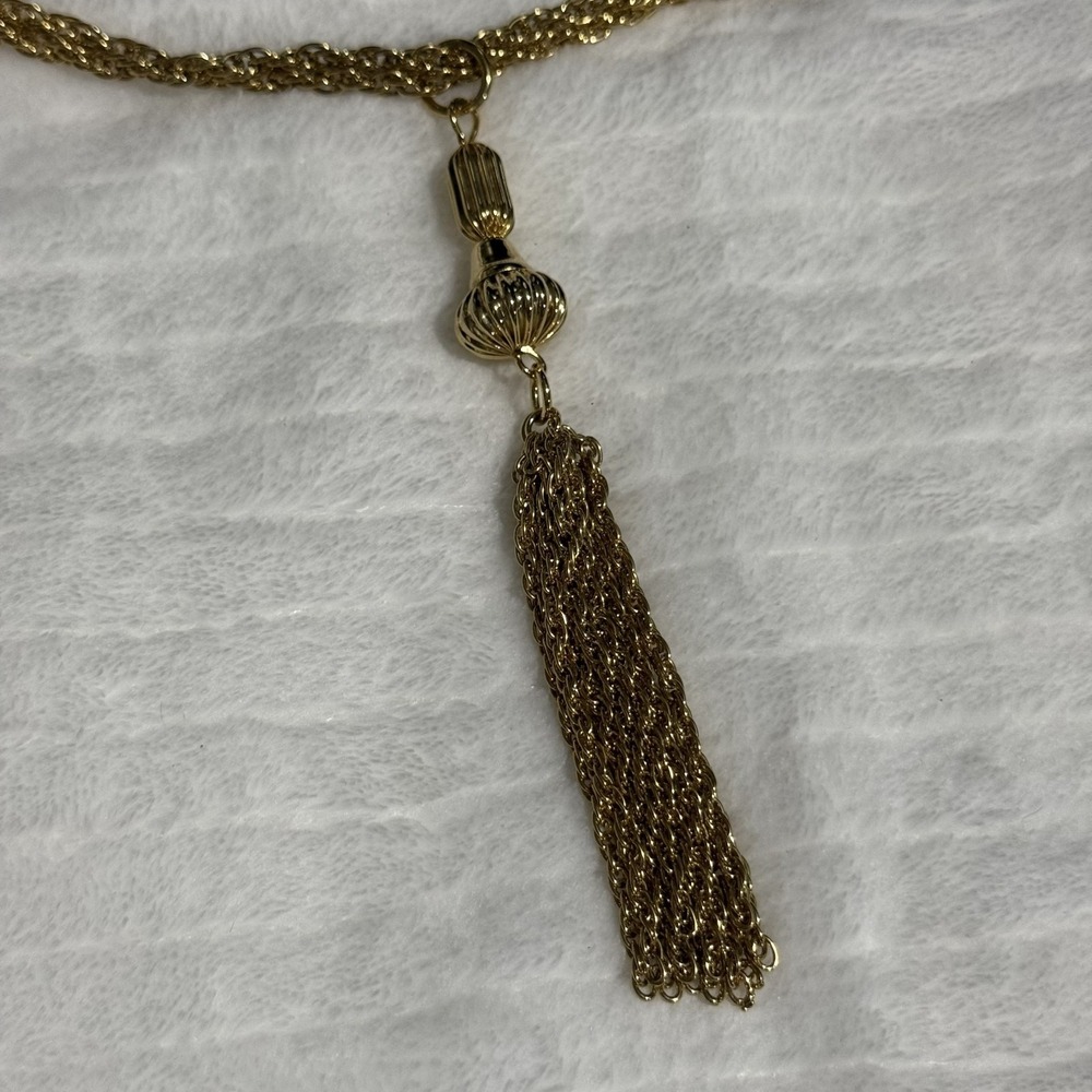 Vintage Gold Tone Tassel Pendant Necklace Multi Strand Chain Statement Necklace - Picture 2 of 5
